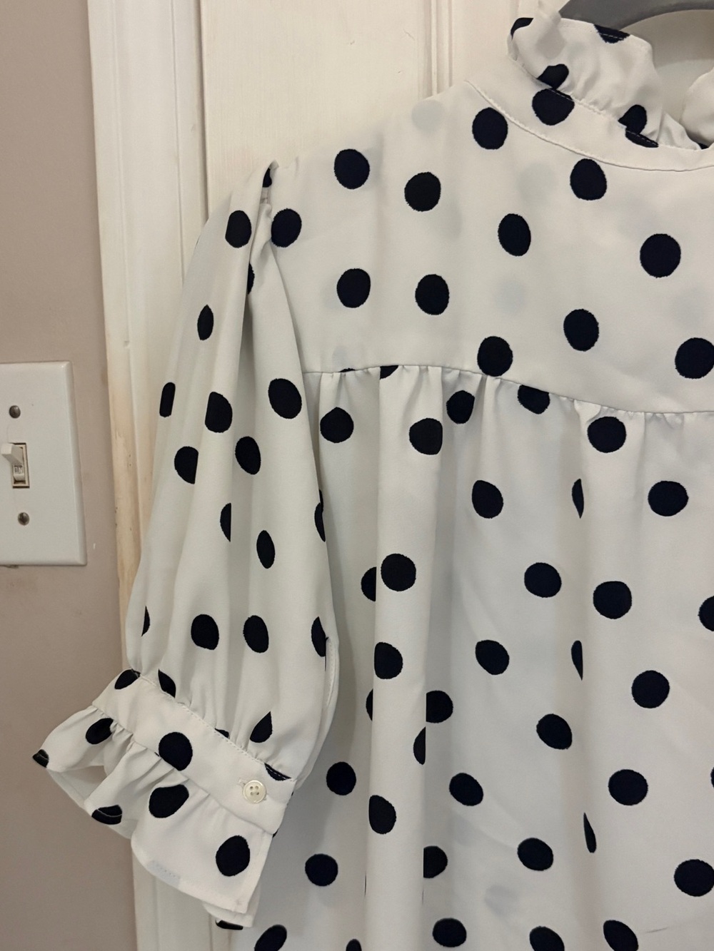 Ann Taylor Polka Dotted Stand Up Collar Ruffle Sleeve Top - Picture 7 of 10